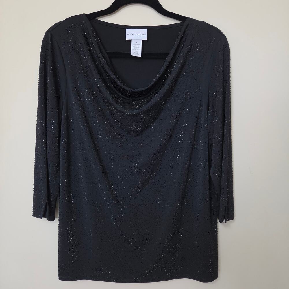 Alfred Dunner S Black Evening Sparkly Cowl Neck 3/4 Sleeve Studs Stretch Top